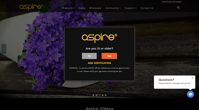 Aspire Age Verification Splash Page