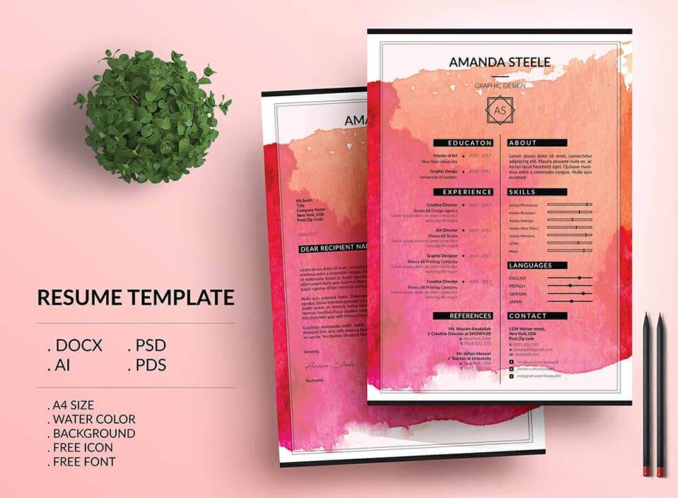 creative and colorful resume with watercolor background