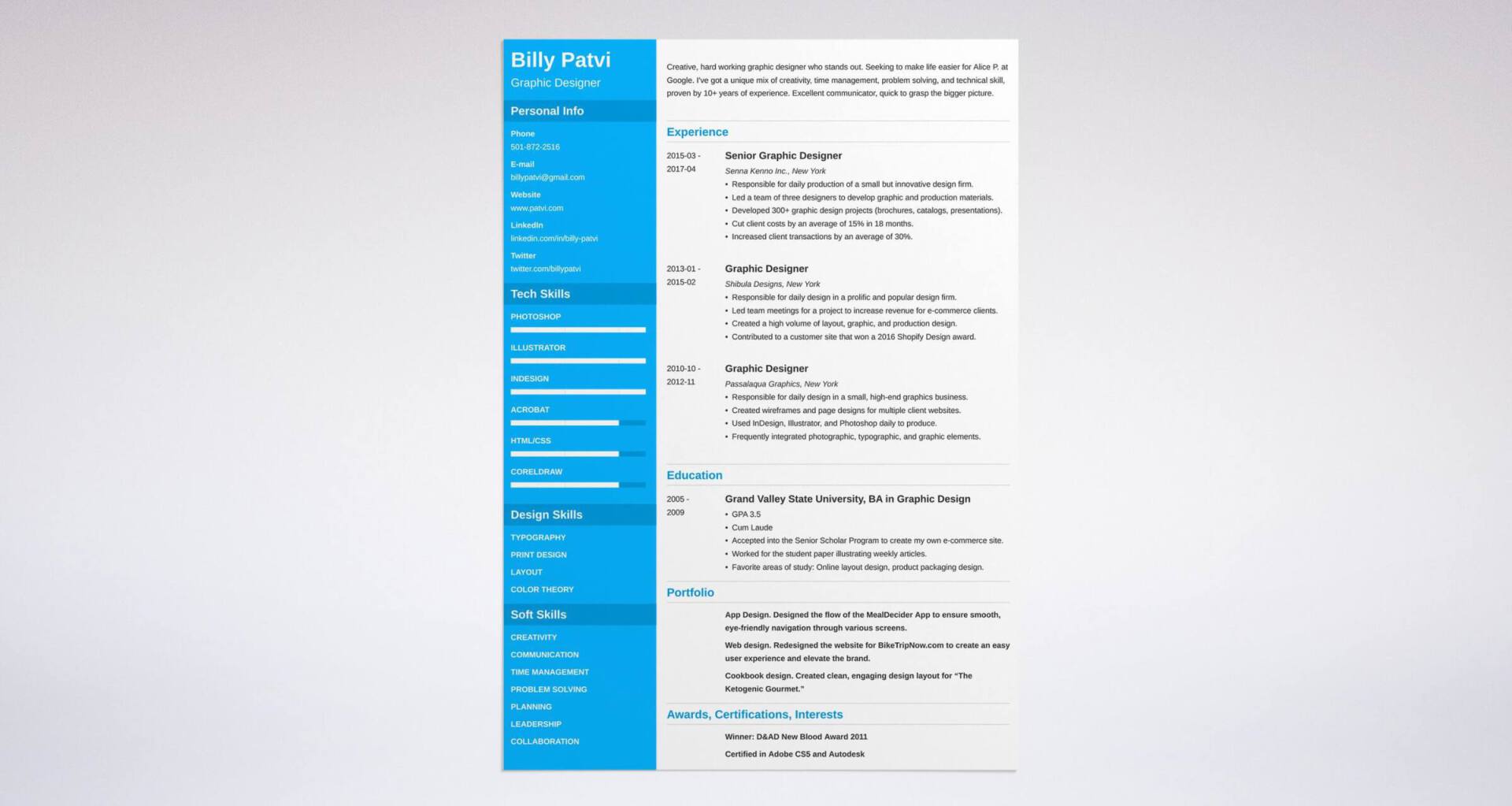 Graphic designer resume example in blue