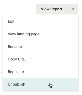 Drop-down menu for a landing page with cursor on Unpublish option.