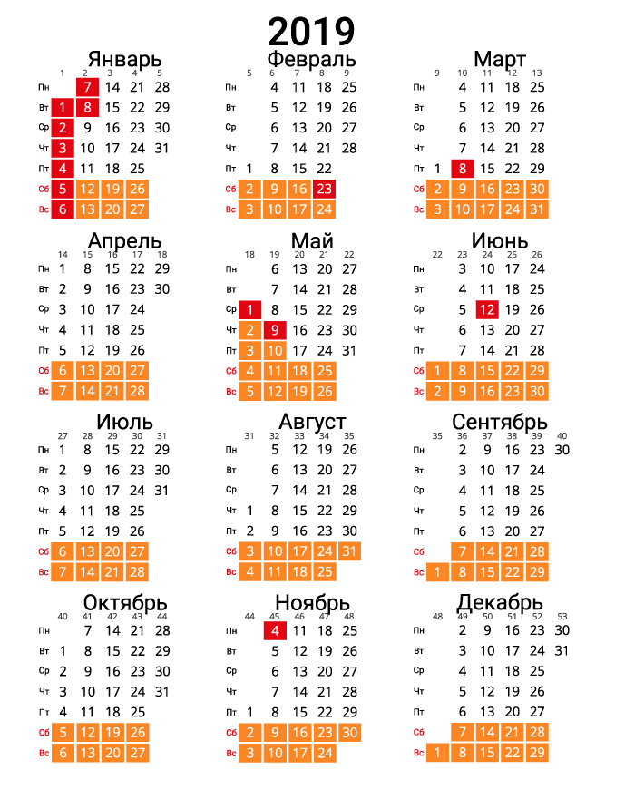 Вертикальный календарь на 2019 - с номерами недель