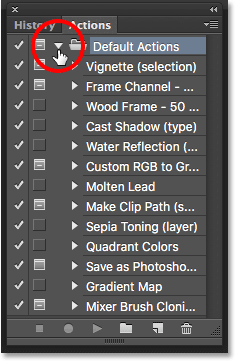 The default actions in the Actions panel in Photoshop. Image © 2016 Photoshop Essentials.com
