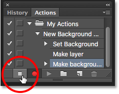 Clicking the Stop icon to stop recording the action. Image © 2016 Photoshop Essentials.com