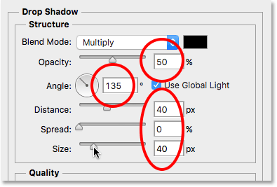 The Drop Shadow options in the Layer Style dialog box. Image © 2016 Photoshop Essentials.com