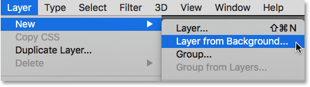 Selecting the New Layer from Background command. Image © 2016 Photoshop Essentials.com