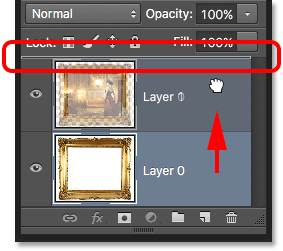 Dragging Layer 0 above Layer 1 in the Layers panel. Image © 2016 Photoshop Essentials.com
