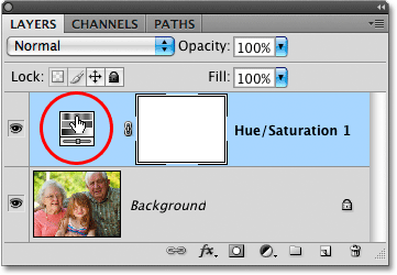Clicking on the Hue/Saturation adjustment layer thumbnail in Photoshop. Image © 2010 Photoshop Essentials.com