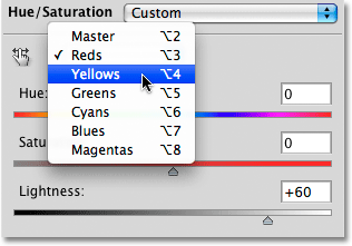 Selecting Yellows in the Hue/Saturation dialog box in Photoshop. Image © 2010 Photoshop Essentials.com