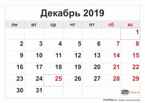 Декабрь 2019 - календарь на месяц для распечатки