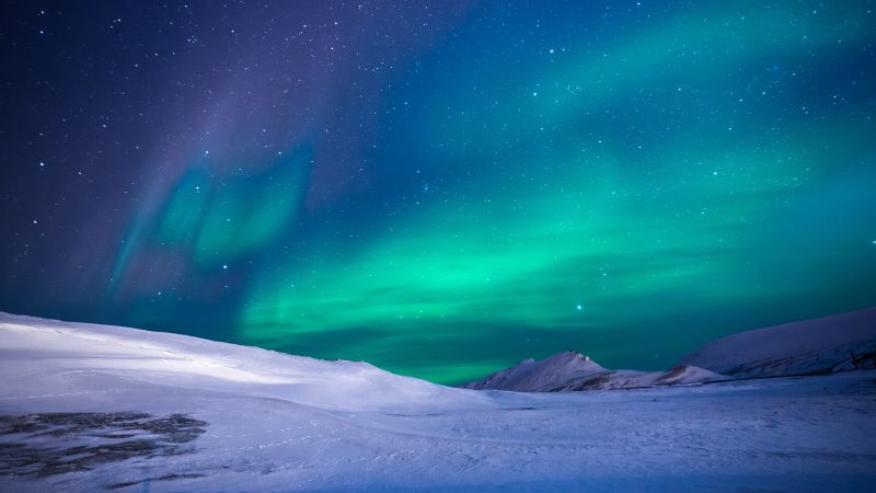 northern lights, sky, winter, mountains, 5k (horizontal)